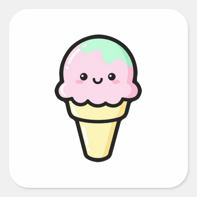 Pegatina Cuadrada Smiling Ice Cream – Cute Kawaii Illustration (Anverso)