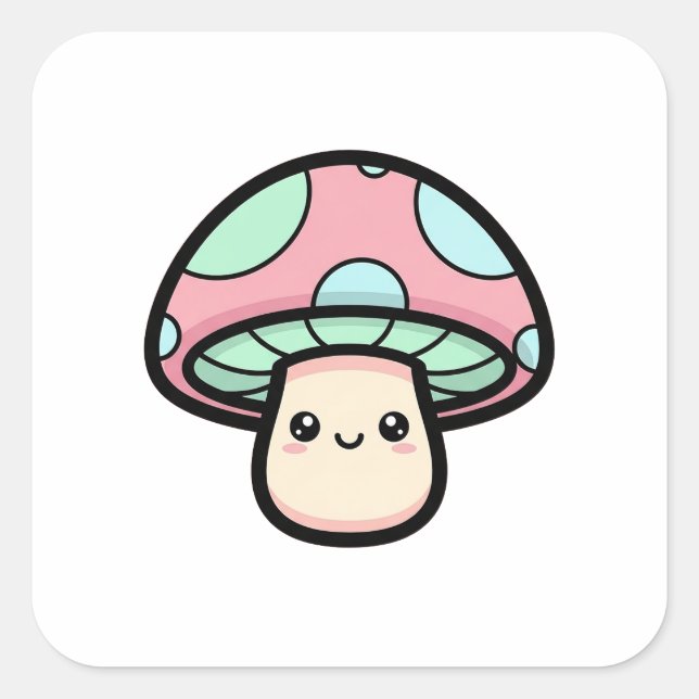 Pegatina Cuadrada Smiling Mushroom – Cute Kawaii Illustration (Anverso)