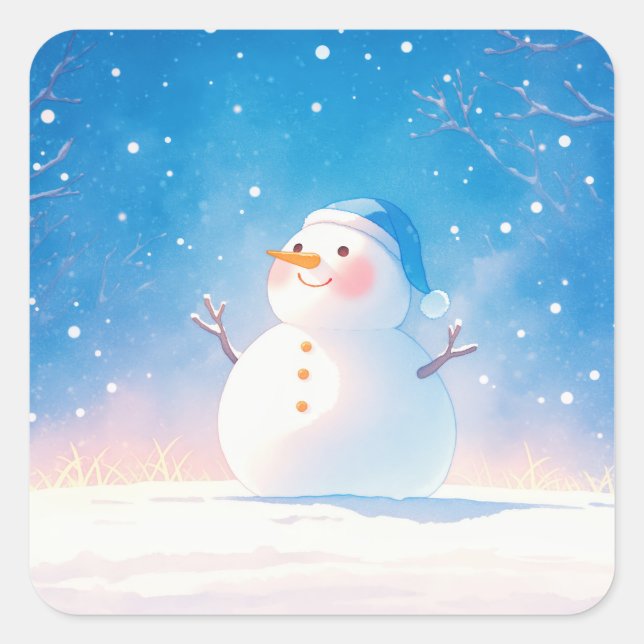 Pegatina Cuadrada Smiling Snowman with Blue Beanie in Starry Night (Anverso)