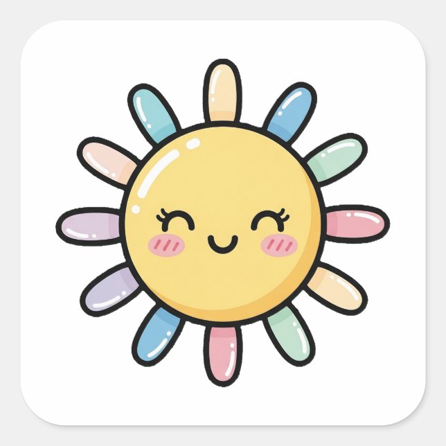 Pegatina Cuadrada Smiling Sun – Cute Whimsical Illustration (Anverso)