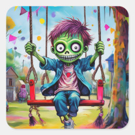 Pegatina Cuadrada Smiling Zombie Kid on Swing with Party Flags