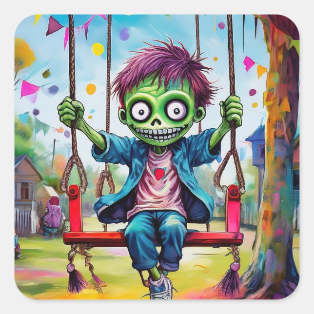 Pegatina Cuadrada Smiling Zombie Kid on Swing with Party Flags (Anverso)