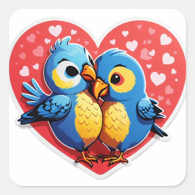 Pegatina Cuadrada Smooches for You! – Lovebird Kiss Sticker (Anverso)