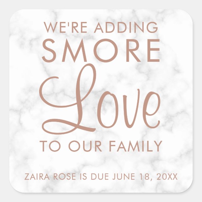Pegatina Cuadrada Smore Love Marble Rosa Gold Chica Baby Shower Favo (Anverso)