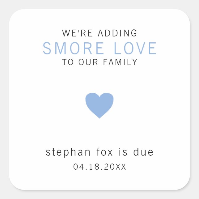 Pegatina Cuadrada Smore Love Modern Blue Heart Boy Favor de Baby Sho (Anverso)