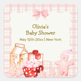 Pegatina Cuadrada Smore Milk & Cookie Gingham Winter Baby Shower