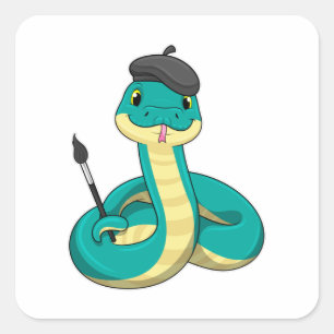 Pegatina Cuadrada Snake as Painter con pincel de pintura