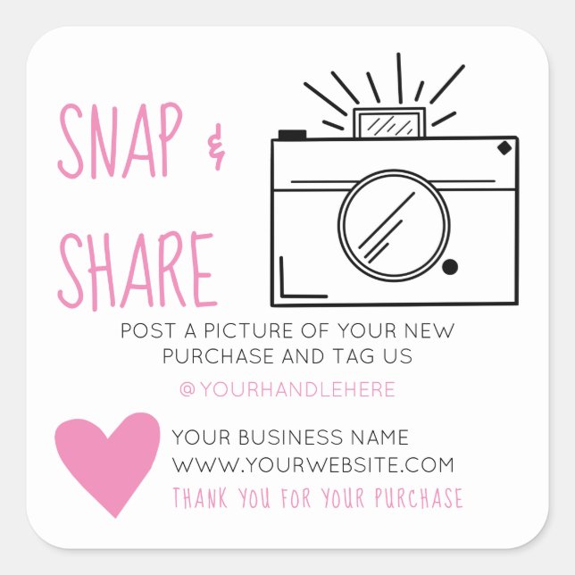 Pegatina Cuadrada Snap and Share Camera Heart Social Media Business (Anverso)