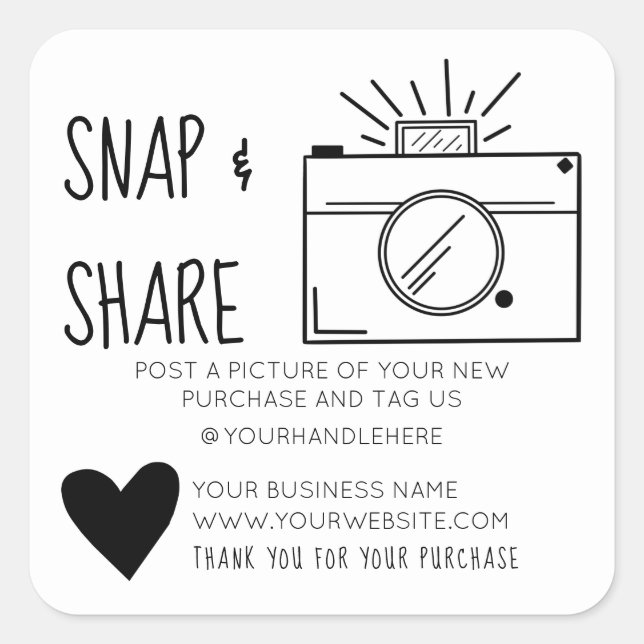 Pegatina Cuadrada Snap and Share Camera Heart Social Media Business (Anverso)