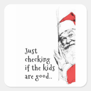 Pegatina Cuadrada Sneaky Santa está revisando a los niños