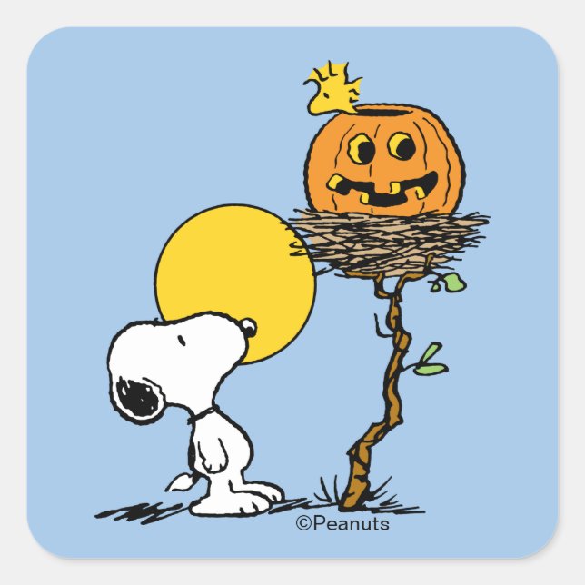 Pegatina Cuadrada Snoopy & Woodstock Nest con Jack O' Lantern (Anverso)