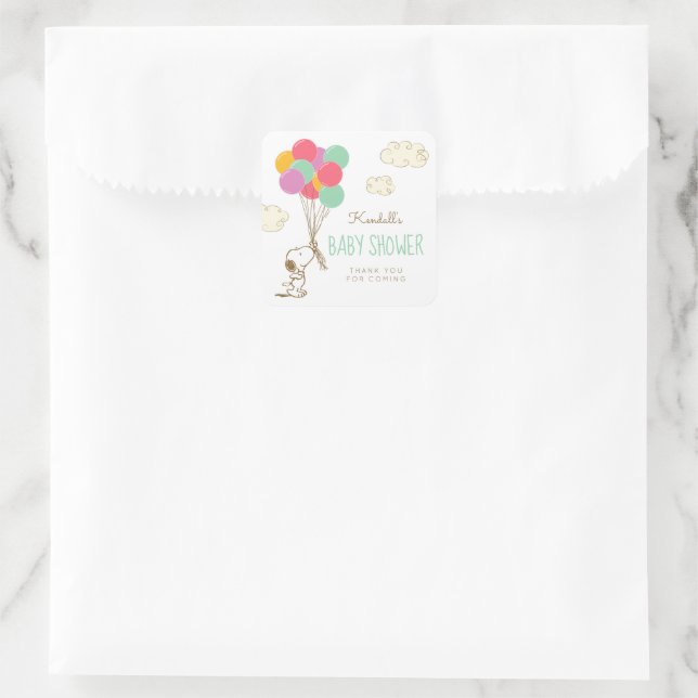 Pegatina Cuadrada Snoopy y Balloons Baby Shower (Bolso)