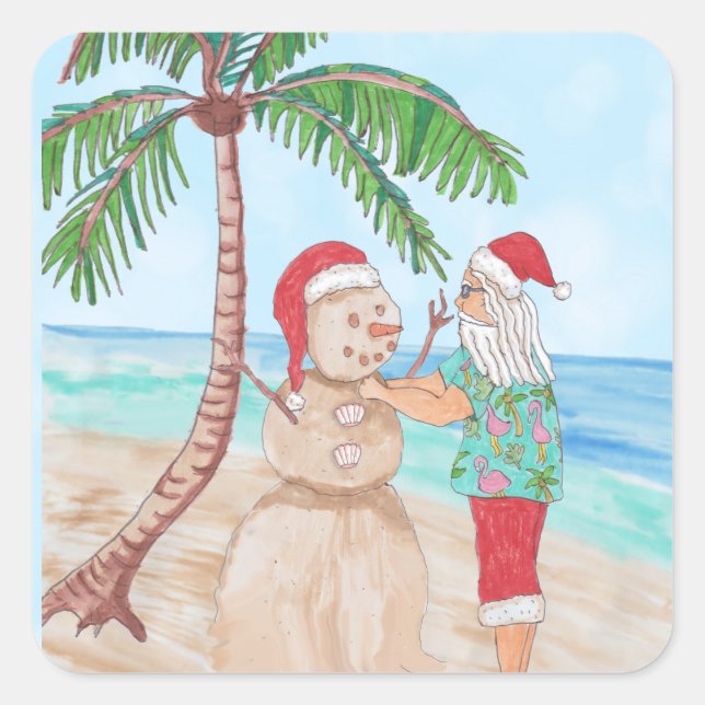 Pegatina Cuadrada Snowbird Santa y Sandy Snowman (Anverso)