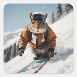 Pegatina Cuadrada Snowboard Squirrel Wintertime Whimsical Animal