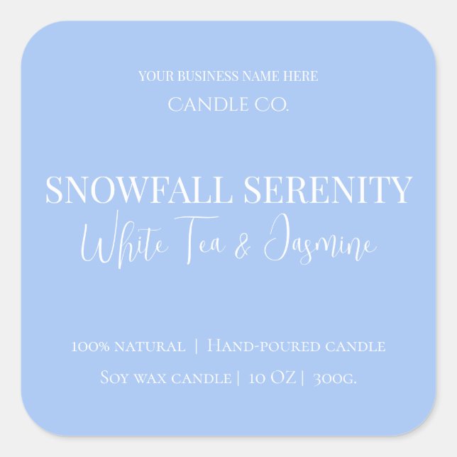 Pegatina Cuadrada Snowfall Serenity White Tea & Jasmine Candle Label (Anverso)