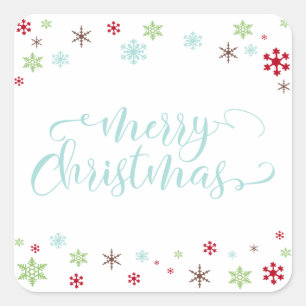 Pegatina Cuadrada Snowflake Whimsy Feliz Navidad, Robin's Egg Blue