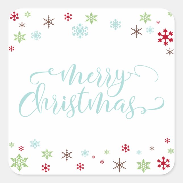 Pegatina Cuadrada Snowflake Whimsy Feliz Navidad, Robin's Egg Blue (Anverso)