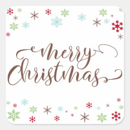 Pegatina Cuadrada Snowflake Whimsy Feliz Navidad, tipografía marrón