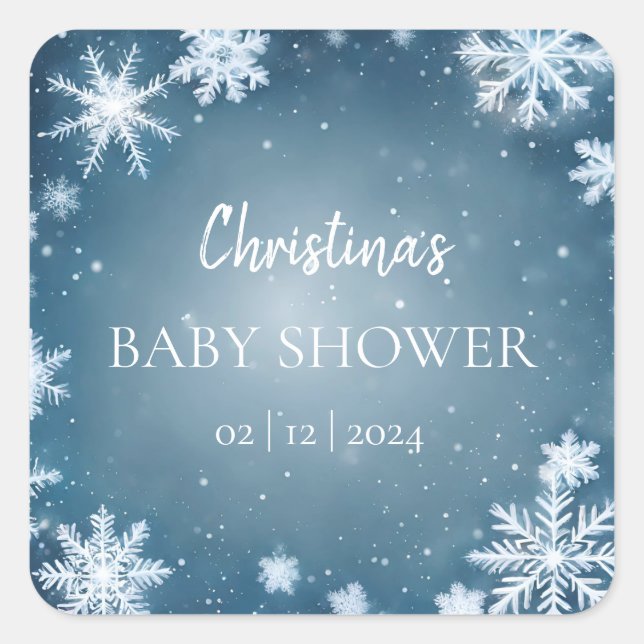 Pegatina Cuadrada Snowflake Winter Wonderland Baby Shower Blue (Anverso)