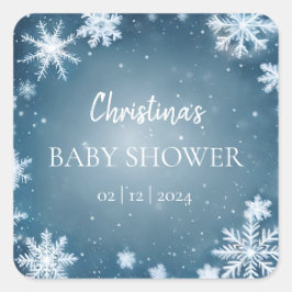 Pegatina Cuadrada Snowflake Winter Wonderland Baby Shower Blue