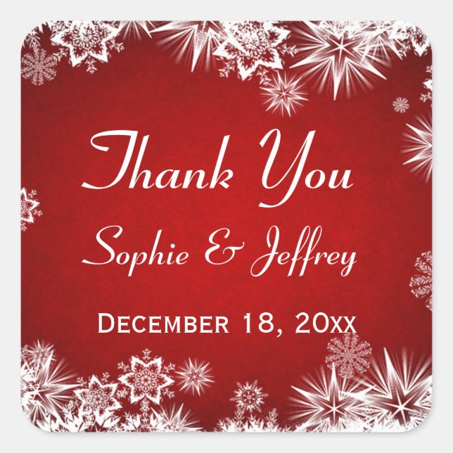 Pegatina Cuadrada Snowflakes en la boda roja Gracias (Anverso)