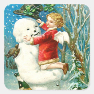 Pegatina Cuadrada Snowman Angel Cherub Four Leaf Clover