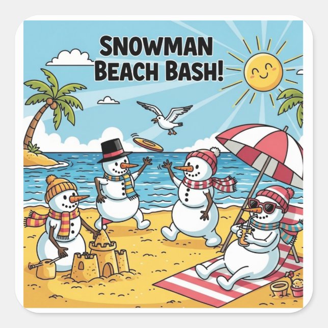 Pegatina Cuadrada Snowman Beach Bash (Anverso)