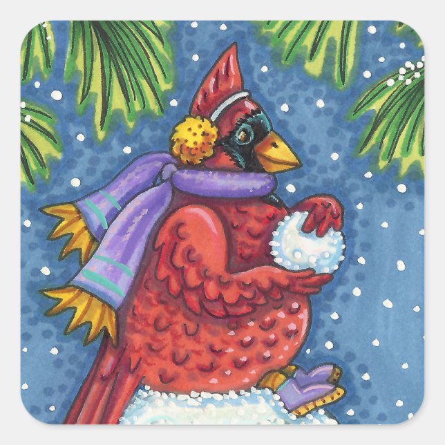 PEGATINA CUADRADA SNOWMAN BODYGUARD, NAVIDADES CARDINAL REDBIRD (Anverso)