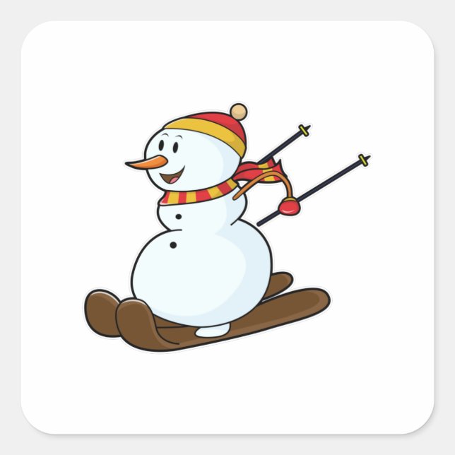 Pegatina Cuadrada Snowman como esquiador con esquís y gorra (Anverso)