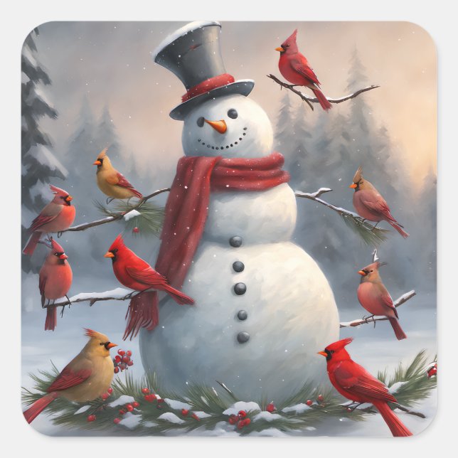 Pegatina Cuadrada Snowman con los cardenales rojos nevando (Anverso)