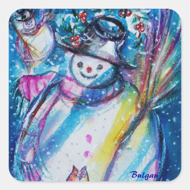 PEGATINA CUADRADA SNOWMAN CON OWL EN LA NOCHE DE INVIERNO (Anverso)