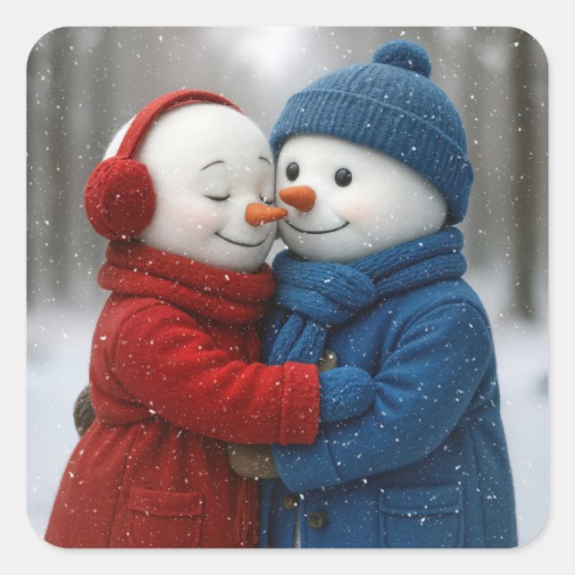 Pegatina Cuadrada Snowman Couple Hugging in Winter Forest (Anverso)
