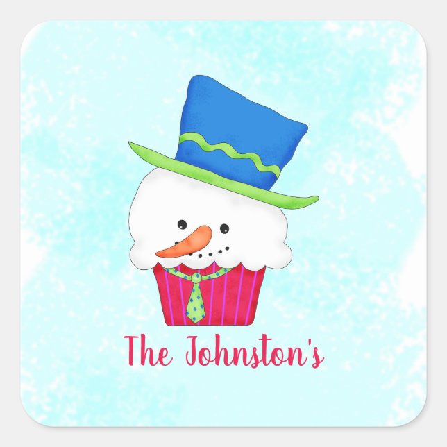Pegatina Cuadrada Snowman Cupcake Name Personalized Dessert Party (Anverso)