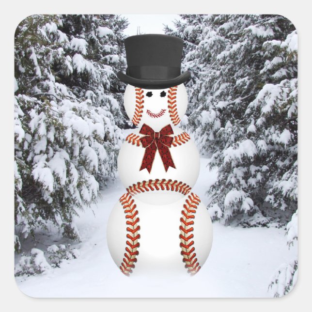 Pegatina Cuadrada Snowman de béisbol (Anverso)