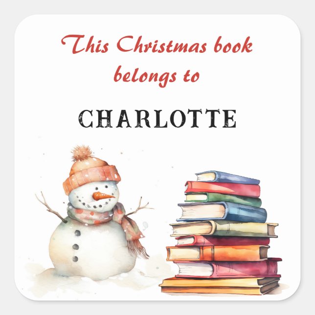 Pegatina Cuadrada Snowman Este Libro De Navidades Pertenece A Nombre (Anverso)