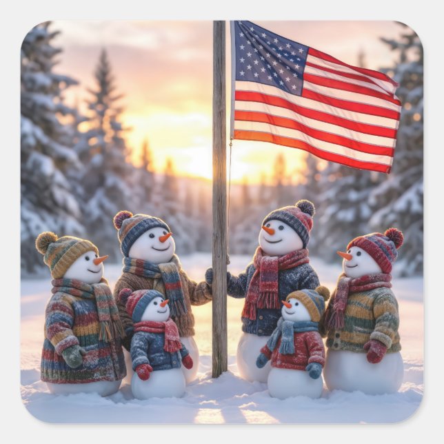 Pegatina Cuadrada Snowman Family Gathering Around a Flagpole (Anverso)