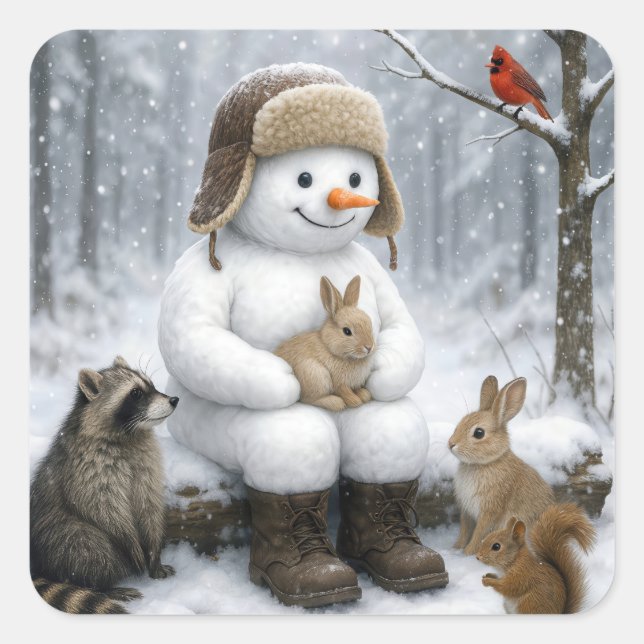 Pegatina Cuadrada Snowman In Winter Woods With Animal Friends (Anverso)