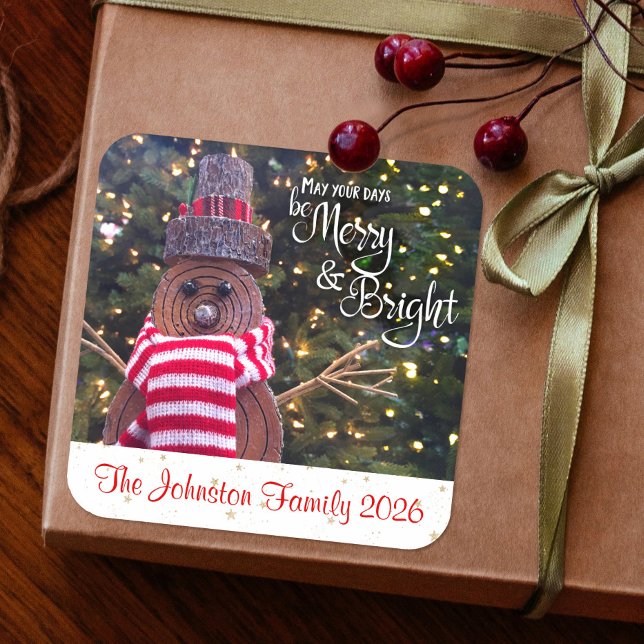 Pegatina Cuadrada Snowman Merry y Bright Rustic Custom Name Cute (Subido por el creador)