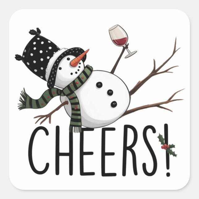 Pegatina Cuadrada Snowman Wine Christmas Funny Drinking Wine Santa  (Anverso)