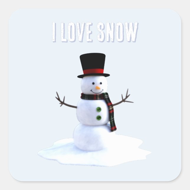 Pegatina Cuadrada Snowman with hat and scarf. I Love Snow (Anverso)