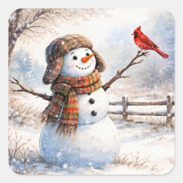 Pegatina Cuadrada Snowman With Red Cardinal Bird (Anverso)