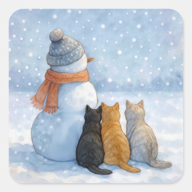 Pegatina Cuadrada Snowman With Three Cats In a Snowy Field (Anverso)