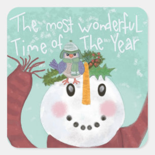 Pegatina Cuadrada Snowman y Bird