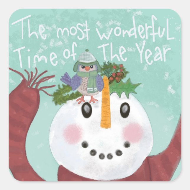 Pegatina Cuadrada Snowman y Bird (Anverso)