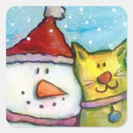 Pegatina Cuadrada Snowman y Cat