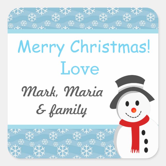 Pegatina Cuadrada Snowman y Snowflakes personalizados (Anverso)