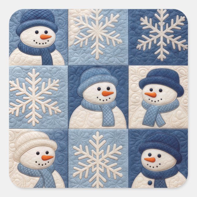 Pegatina Cuadrada Snowmen and Snowflakes Quilt Pattern (Anverso)