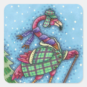 PEGATINA CUADRADA SNOWSHOES DE INVIERNO, FLAMINGO DE COLOR ROSA, NAV