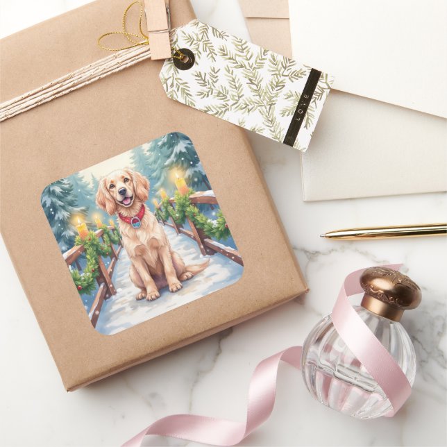 Pegatina Cuadrada Snowy Bridge Boykin Spaniel Christmas Art (Regalar)