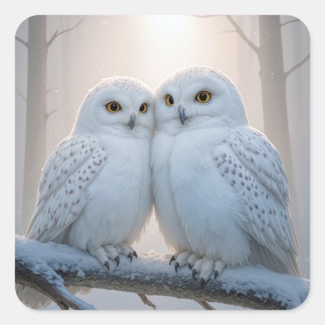 Pegatina Cuadrada Snowy Owls On a Winter Branch (Anverso)